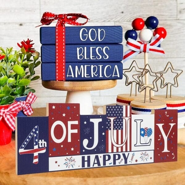 Patriotic wooden signs: "God Bless America" & "4th of July Happy". Wholesale supplier of summer farmhouse decor.