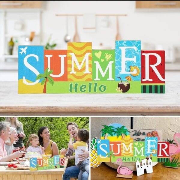 Colorful wooden "SUMMER Hello" sign with summer-themed illustrations. Wholesale supplier of family-themed signs.