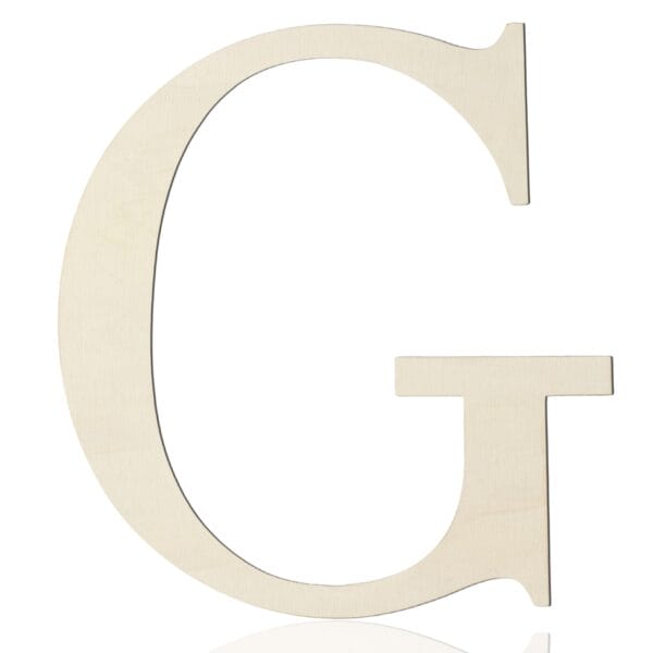 A large, light-colored wooden letter "G" on a plain white background, perfect for DIY projects or as stylish wall decor.