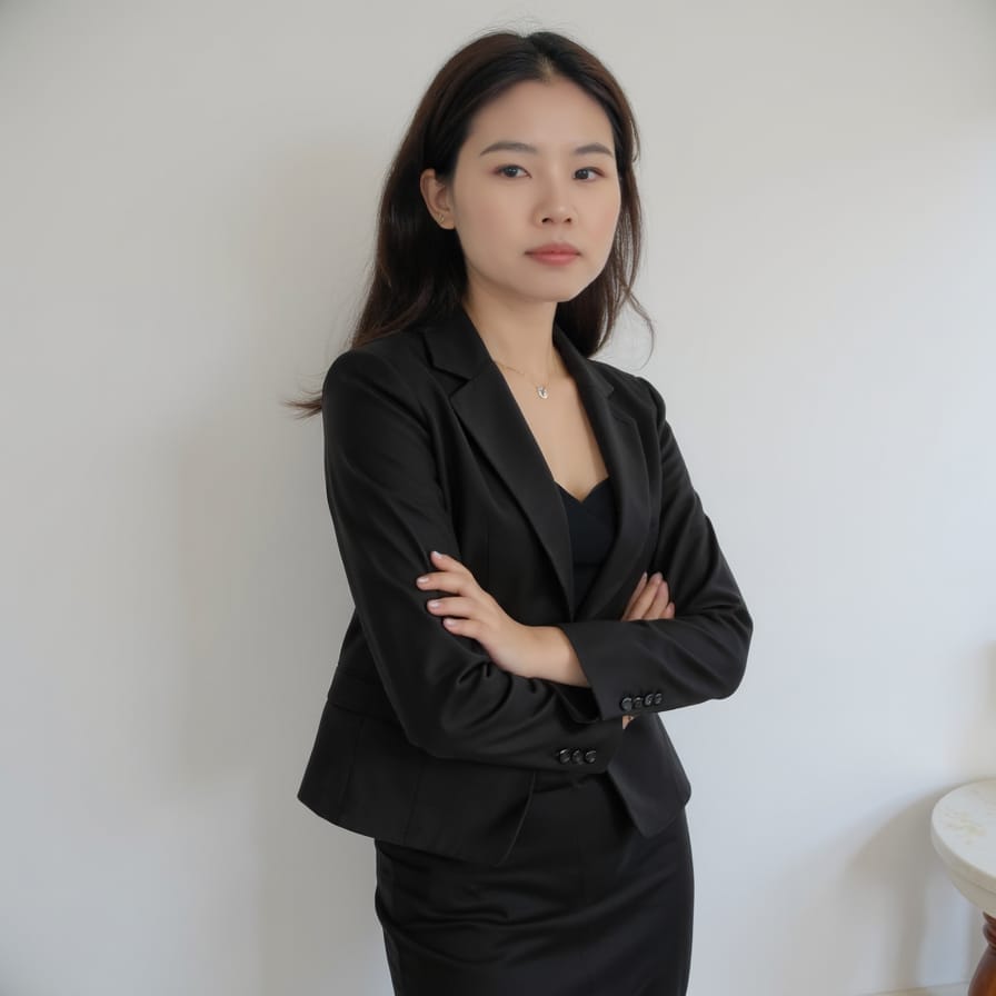 A woman with long dark hair stands against a white wall, wearing a black blazer and skirt, with her arms crossed and a neutral expression.