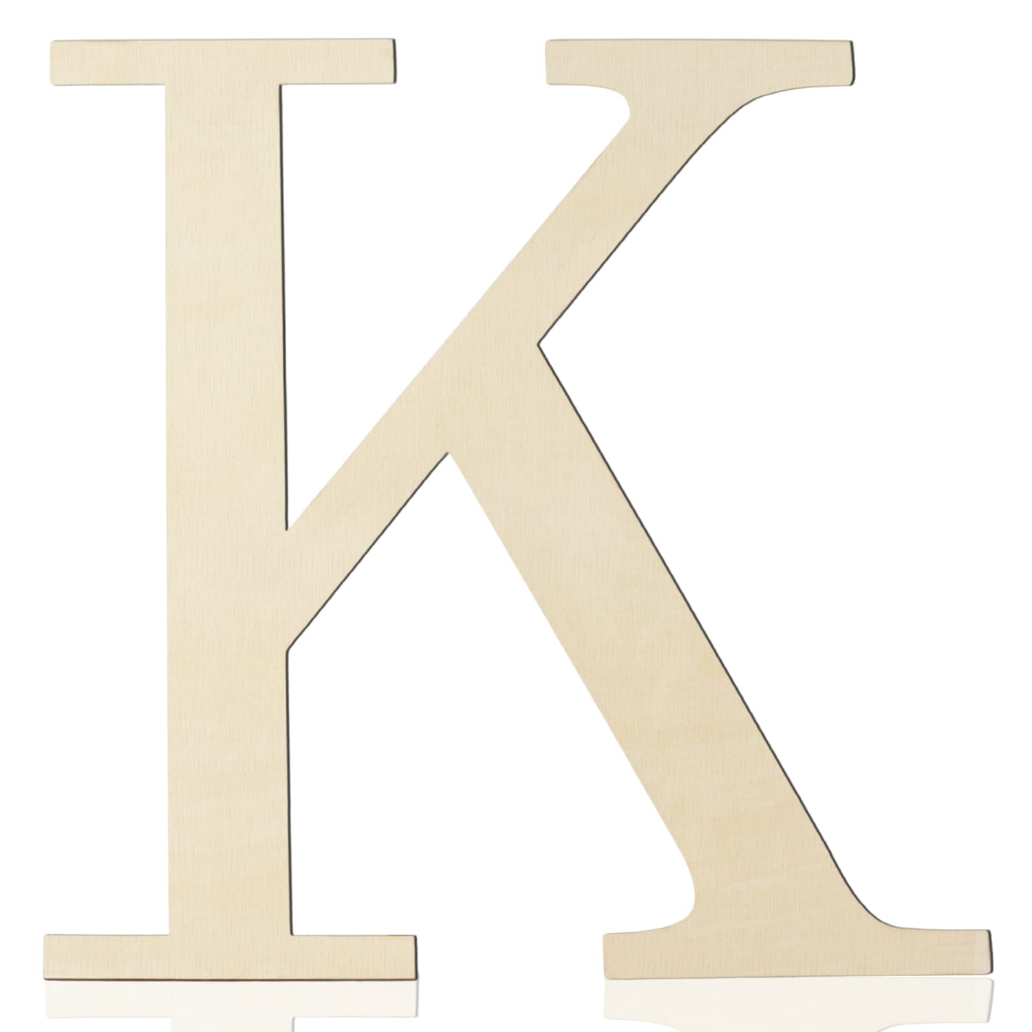 A large, beige wooden letter "K" stands upright against a white background—perfect for DIY projects or as stylish wall decor using wooden craft letters.