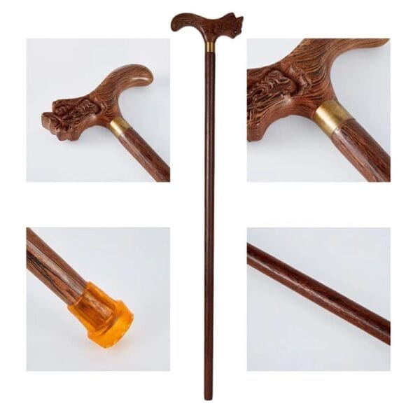 Wooden cane crafted from red sandalwood, featuring a carved handle, brass collar, and rubber tip. Close-ups showcase the intricate details and full length of this elegant red sandalwood cane.