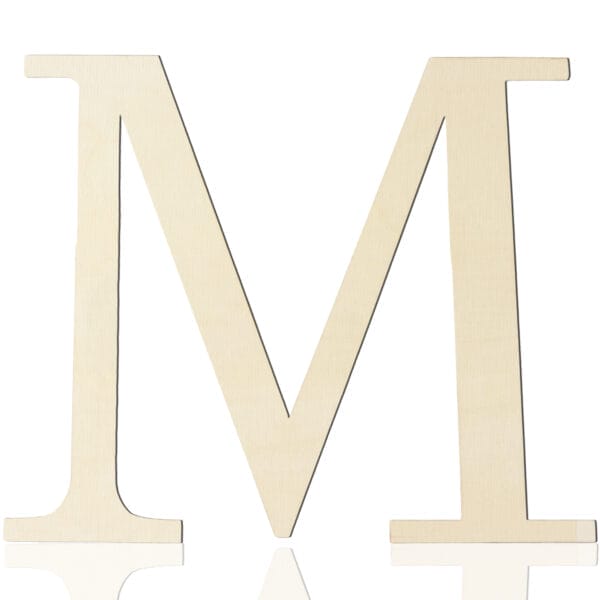 A large, plain wooden letter "M" on a white background, perfect for DIY projects or adding a personal touch to your wall decor.