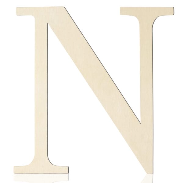 A large, light-colored wooden letter "N" against a white background—perfect for DIY wall decor or personalized wooden craft letters projects.