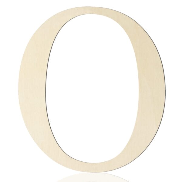 A flat, plain wooden cutout in the shape of the letter "O" set against a white background—perfect for DIY projects or creative wall decor.