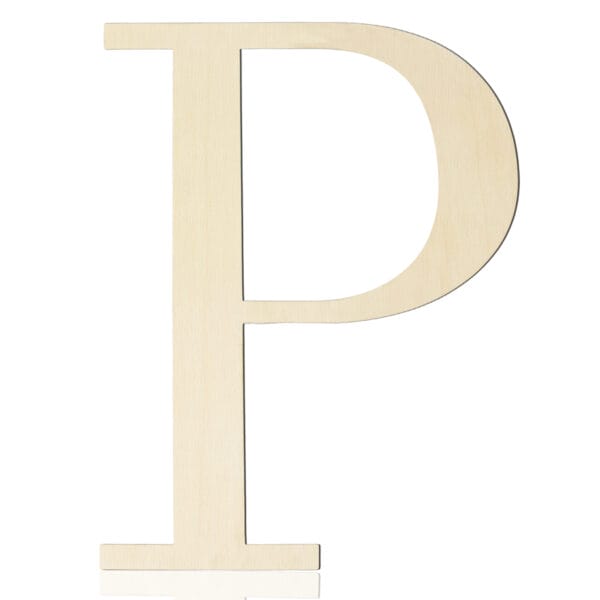 A large, wooden uppercase letter "P" stands upright against a white background, perfect for DIY projects or as Wooden Craft Letters for wall decor.