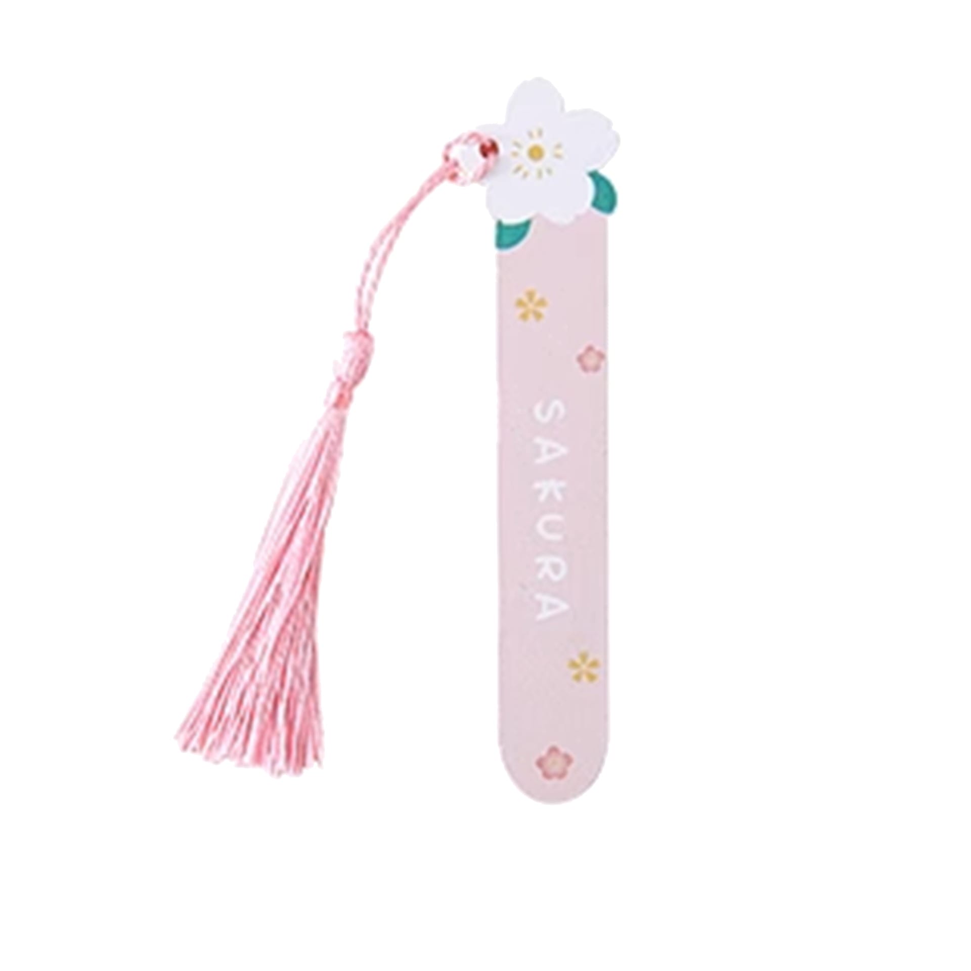 Pink bookmark with a cherry blossom flower design, the word "SAKURA," small floral decorations, and a pink tassel attached at the top—perfect for pairing with personalized wooden bookmarks as a thoughtful gift.