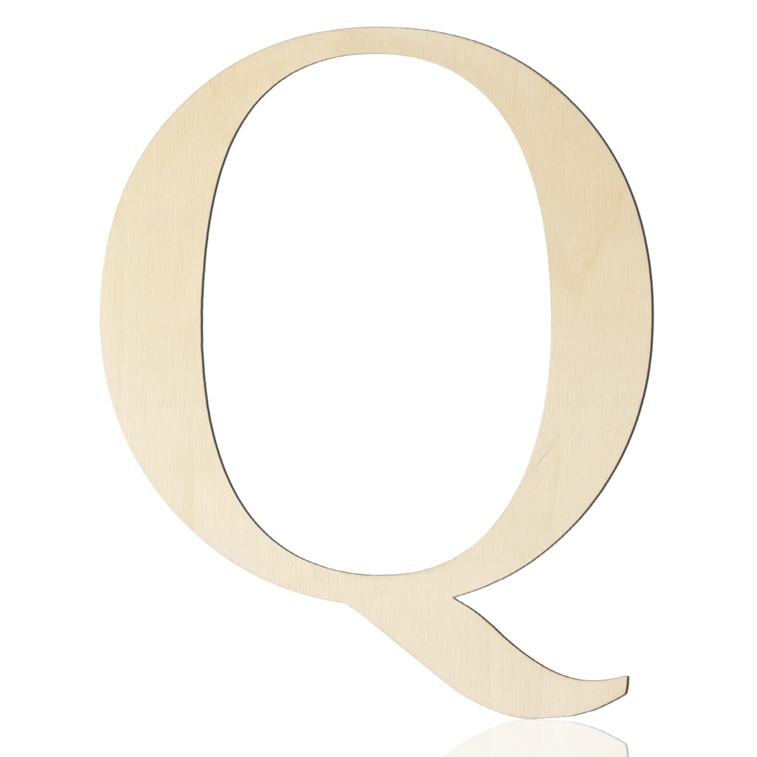 A large, plain wooden letter "Q" on a white background, perfect for DIY projects or adding a personal touch to your wall decor with wooden craft letters.