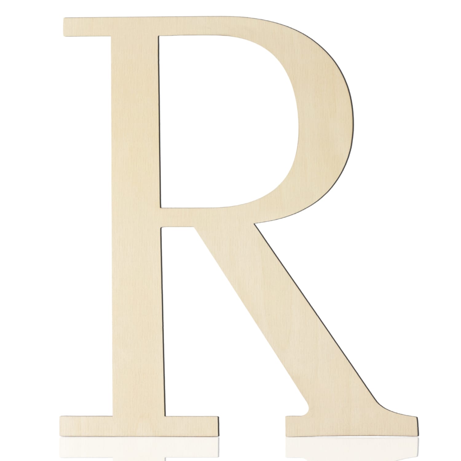 A large, light-colored Wooden Craft Letter "R" stands upright against a white background—perfect for DIY projects or as stylish wall decor.