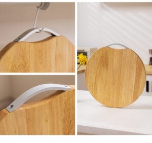 Round wooden cutting board with aluminum handle, perfect for kitchens and eco-friendly cooking.