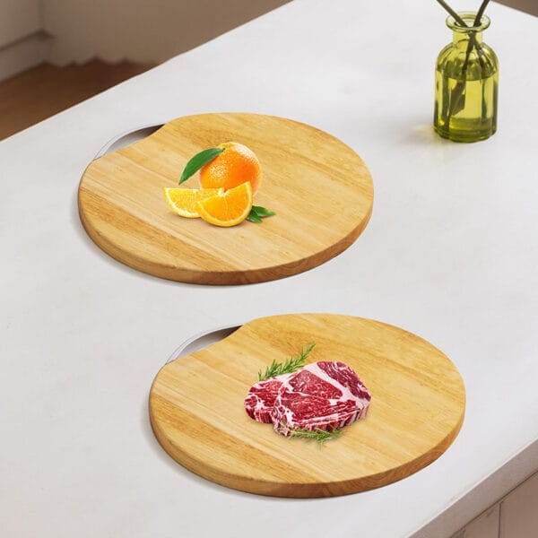 Two round wooden cutting boards with fruit and meat. Eco-friendly, wholesale.