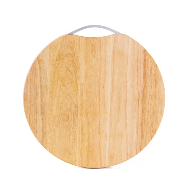 Oval acacia wood cutting board with a metal handle. Eco-friendly kitchen accessory.