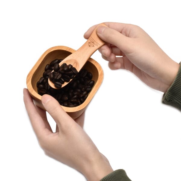 Hands holding small wooden spoon and bowl of coffee beans. Wholesale wooden spoon supplier.