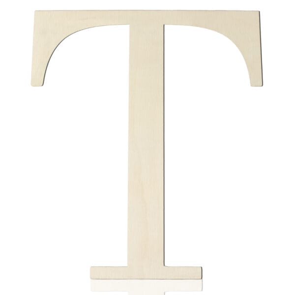 A large, light-colored Wooden Craft Letter "T" with flat ends and curved upper corners, perfect for DIY wall decor, photographed on a white background.
