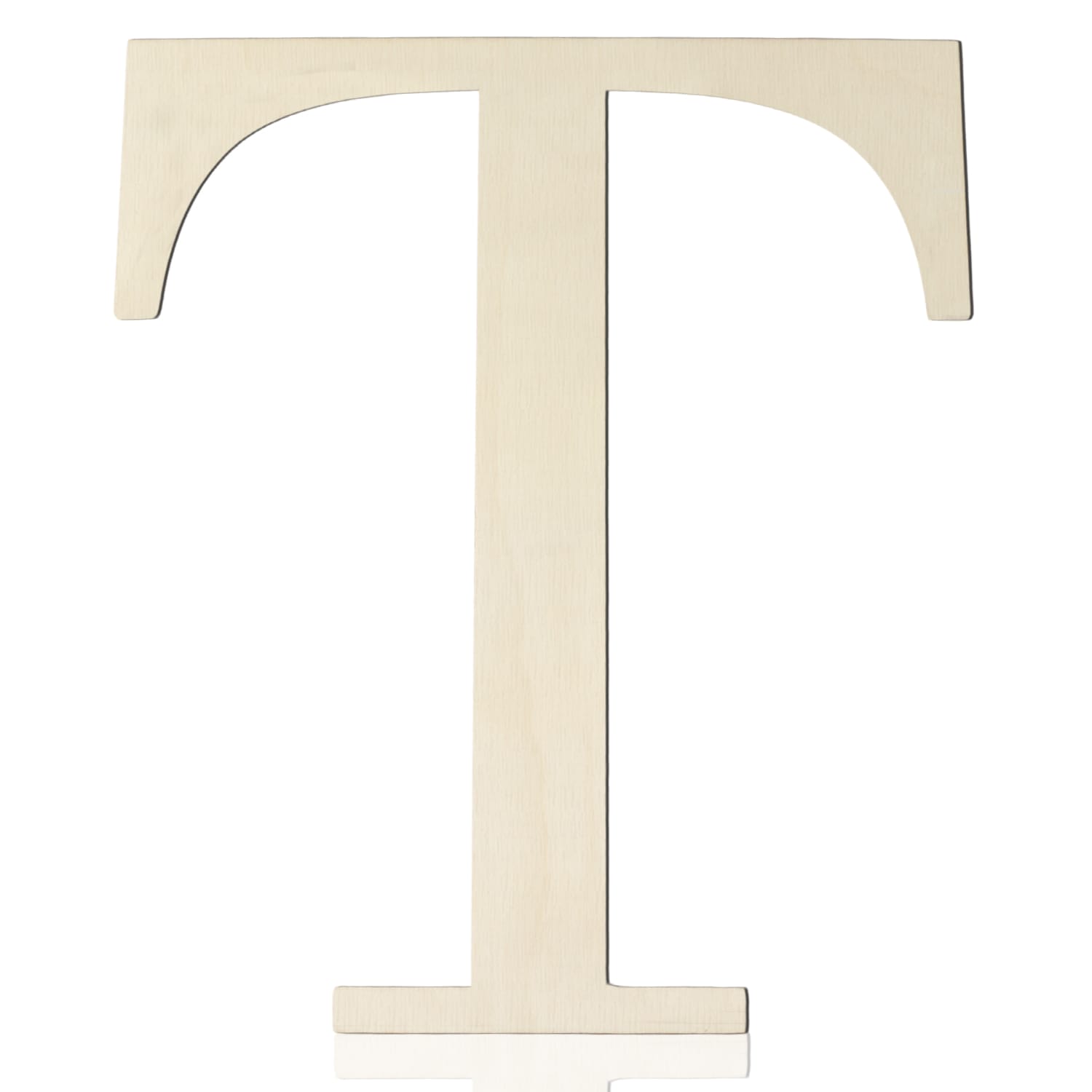 A large, light-colored Wooden Craft Letter "T" with flat ends and curved upper corners, perfect for DIY wall decor, photographed on a white background.