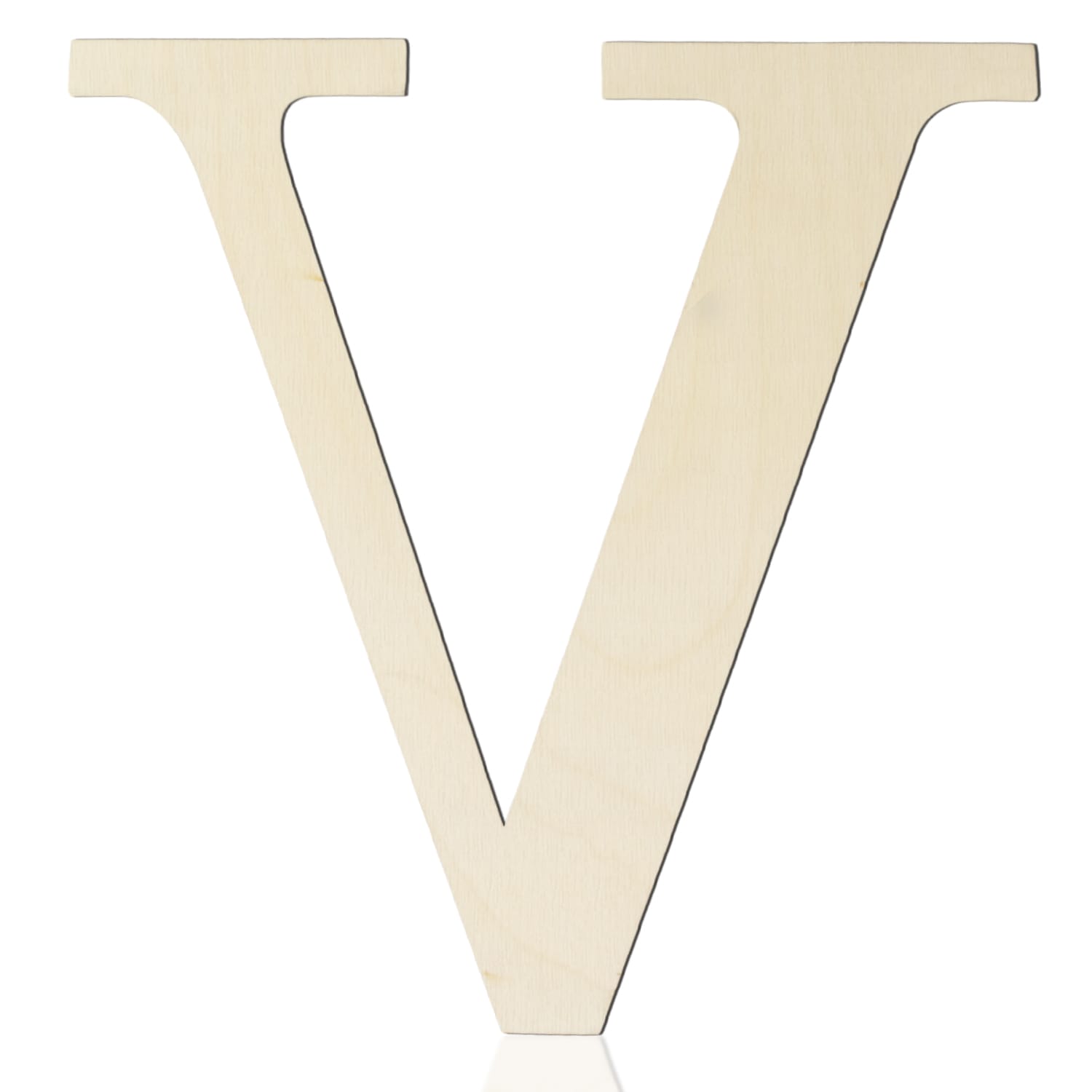 A large, light-colored wooden letter "V" stands upright on a white background—perfect for wall decor or creative projects with wholesale wooden letters.