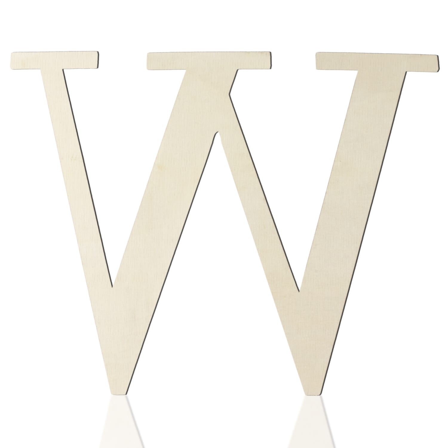 A large, plain, wooden letter "W" stands upright on a white background with a slight reflection beneath it—perfect for DIY projects or as Wooden Craft Letters to enhance your wall decor.
