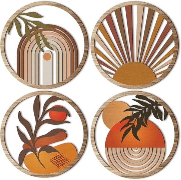 Set of four round wall decoration in wood art pieces featuring abstract designs of arches, sunbursts, and plants in earthy orange, brown, and beige tones.