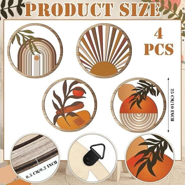 A set of four 10 inch round Wooden Bohemian Wall Decor pieces featuring abstract earth-tone designs, each 0.5 cm thick with hanging hardware included—perfect for adding modern boho wall art style to any space.