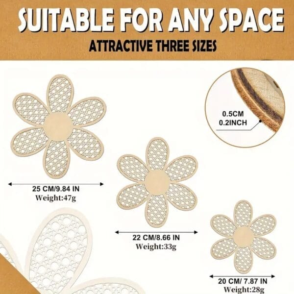Three daisy-shaped Bohemian wall decor pieces in various sizes, each labeled with measurements, thickness, and weight; ideal art for living room or any space and available in three sizes.