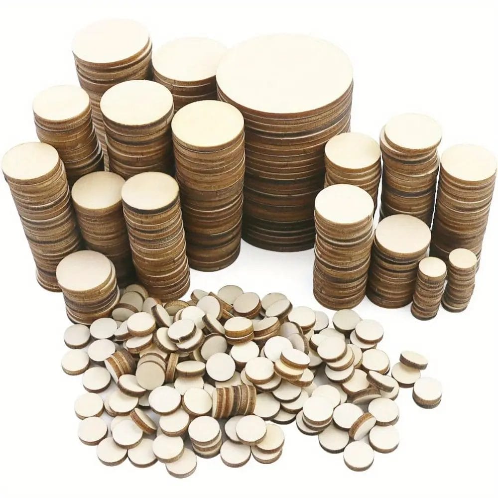 A collection of round, stacked, brown and white wholesale wooden circles in various sizes arranged on a flat surface.