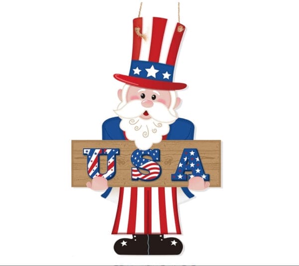 Patriotic Uncle Sam wood art holding a "USA" sign. Perfect 4th of July decoration.