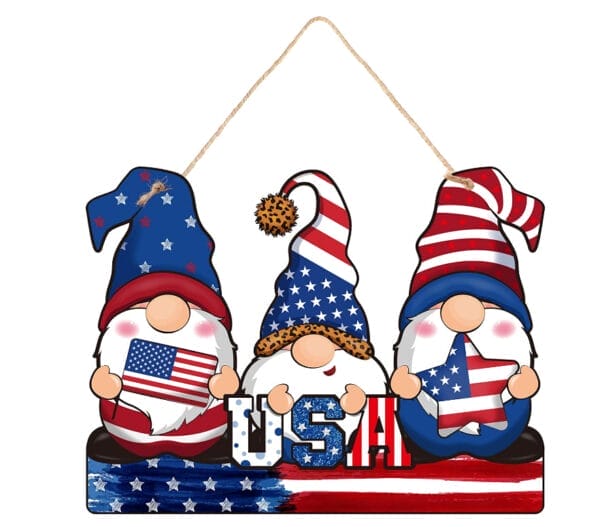 Patriotic gnomes holding USA flags and star, wood hanging decoration.