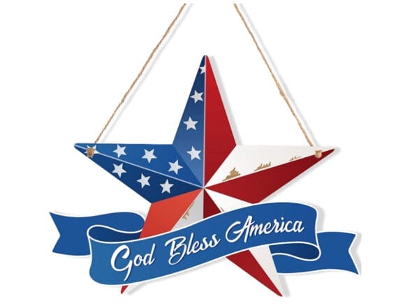 Patriotic wooden star decoration with "God Bless America" banner. USA flag design. Perfect for 4th of July parties.