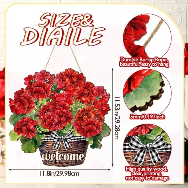 Charming wood artwork welcome sign with red flowers in a basket, burlap rope, and black-and-white ribbon; measures 11.53 x 11.8 inches—ideal for wholesale or home decor.