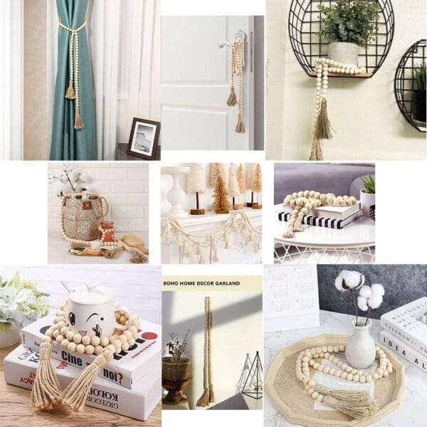 A collage of home decor setups featuring tassel string and wood beads from a trusted wooden beads supplier, displayed on shelves, tables, cups, books, and hanging on a curtain and wall.