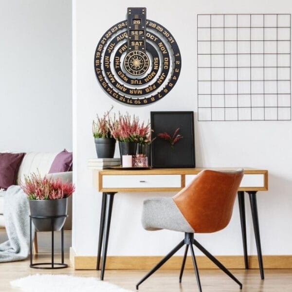 A modern home office setup with a wooden desk, brown chair, potted plants, and a circular wood calendar as stylish wall decor hanging above the desk.