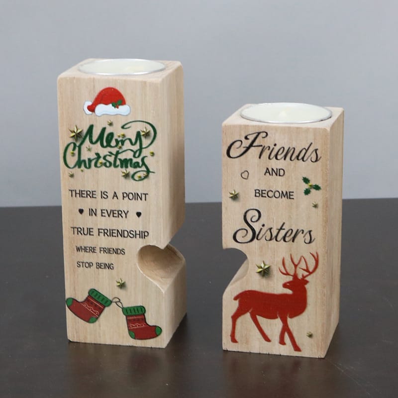 Two custom wood candle holders with Christmas-themed designs and heartfelt inscriptions about friendship and sisterhood, decorated with stockings, a reindeer, and festive symbols from a trusted wood candle holder manufacturer.
