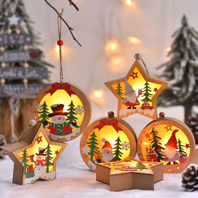 Wholesale Wood Christmas Ornaments: LED wooden star and round holiday hanging decorations.
