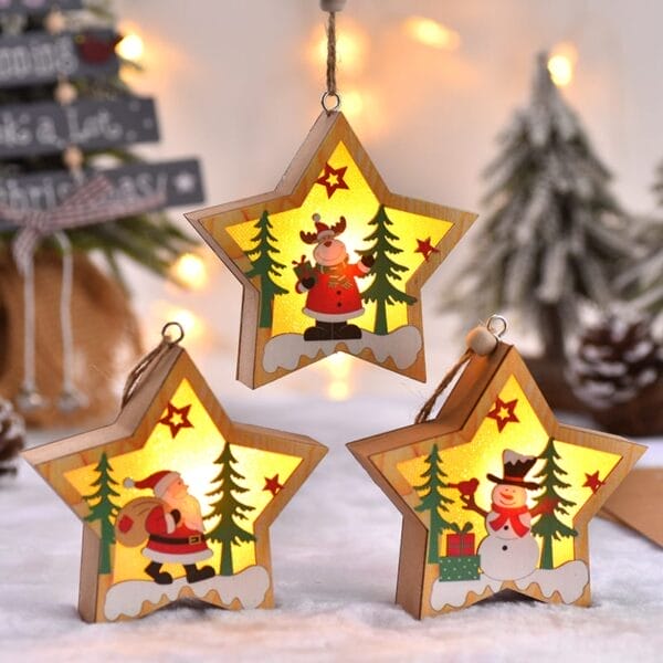 Wholesale Wood Christmas Ornaments: LED wooden star lights featuring Santa, reindeer, and snowman. Holiday hanging decorations.