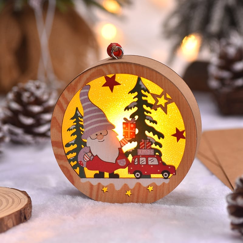 Wholesale Wood Christmas Ornaments: LED wooden star light, round holiday hanging decoration with Santa, tree, and car.