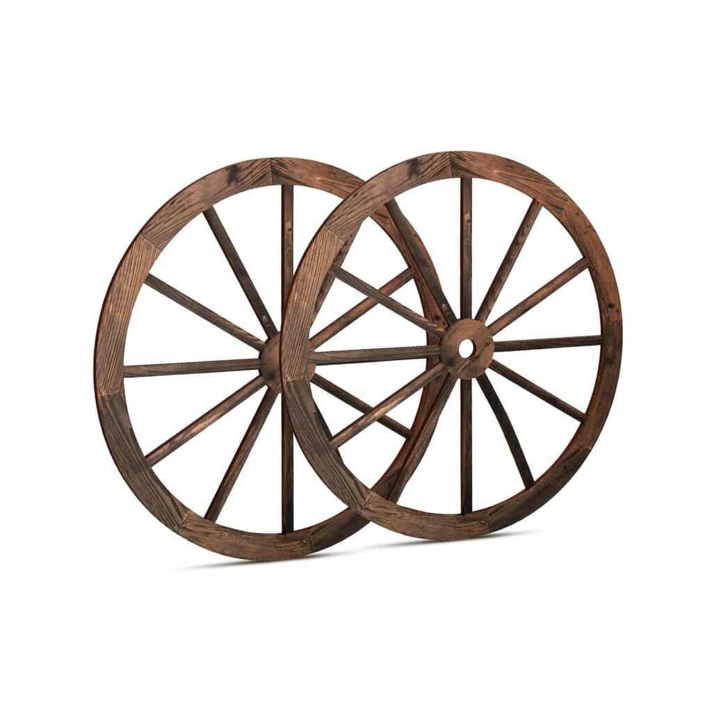 Two wooden wagon wheels with dark finish, each featuring a wood circle design with twelve spokes and a central hub, are positioned upright and overlapping on a plain white background.