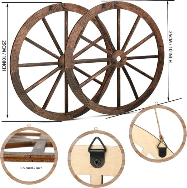 Two wooden wagon wheels, each 25 cm (10 inches) in diameter, feature close-up images of their thickness, hanging hardware, and construction details—perfect as rustic wheel decor from a trusted home decoration supplier.