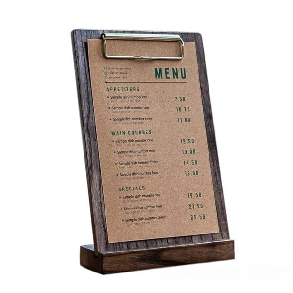 Dark wood A4 menu holder clipboard stand with price list.