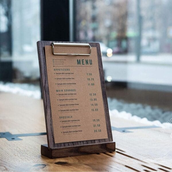 Wooden A4 menu holder with price list. Wholesale wood clipboard stand.