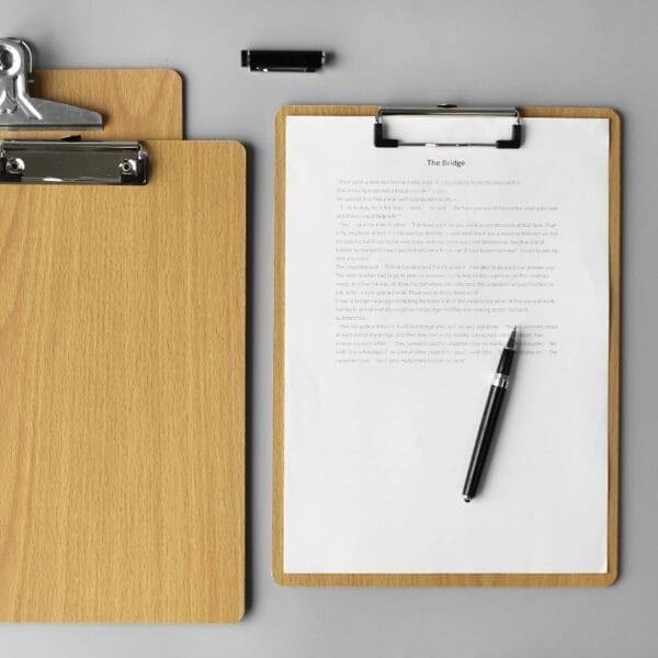 Wooden clipboard with story about bridge, 8K & A4 size options available.