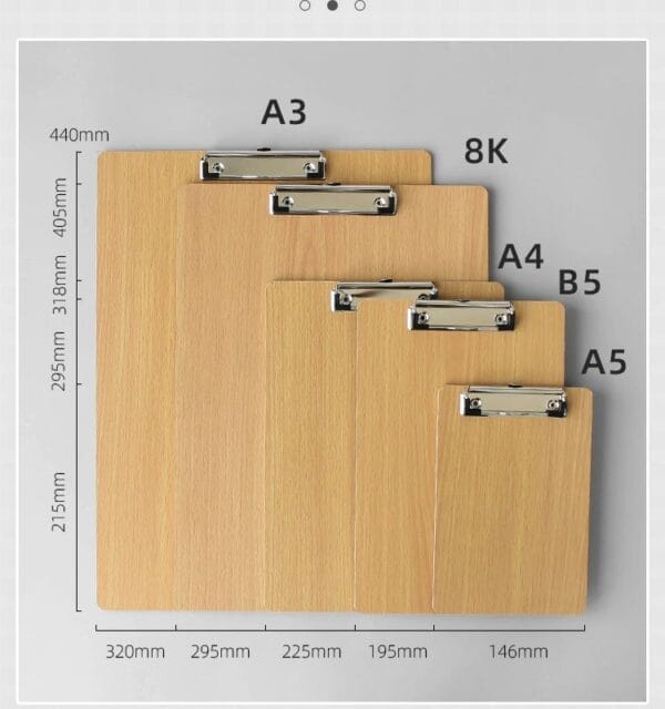 Assortment of custom wood clipboards in sizes A3, A4, A5, B5, and 8K. Ideal for menus, tickets, or note-taking.