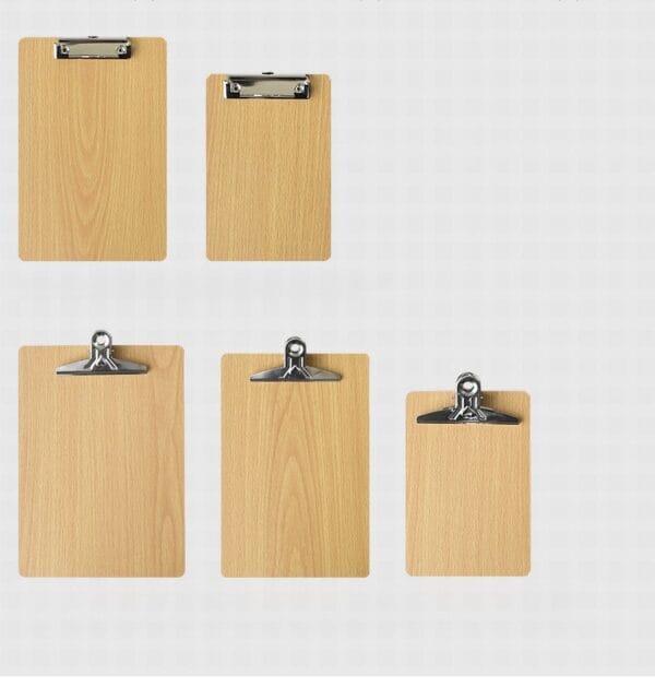 Five wood clipboards in varying sizes, ideal for menus or tickets. Bulk order options available.