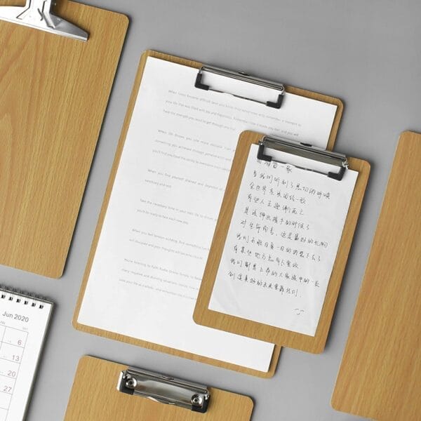 Wooden clipboards with writing, 8K & A4 sizes. Custom wood menu and ticket holders.