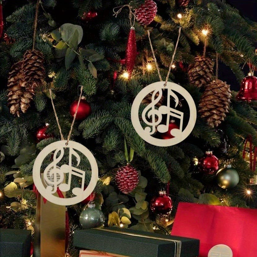 Wooden Christmas ornaments with music notes, eco-friendly holiday decorations.