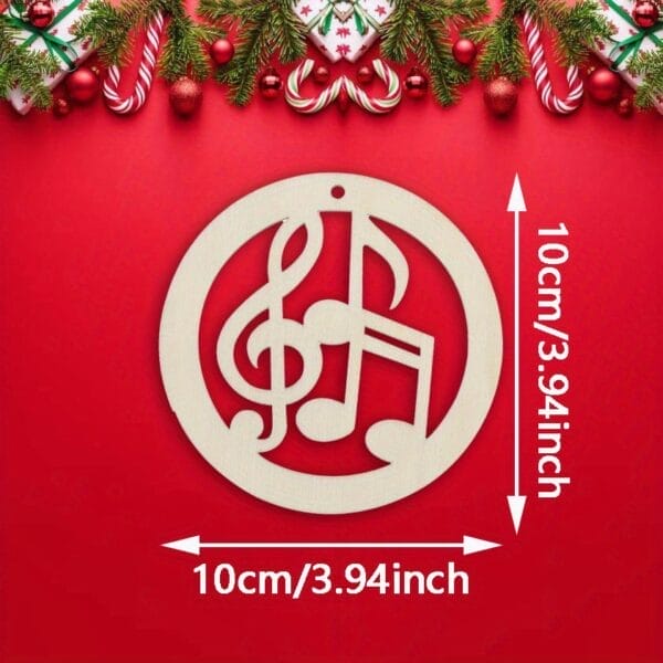 Wooden Christmas ornament with musical notes, 10cm diameter. Eco-friendly wooden craft.