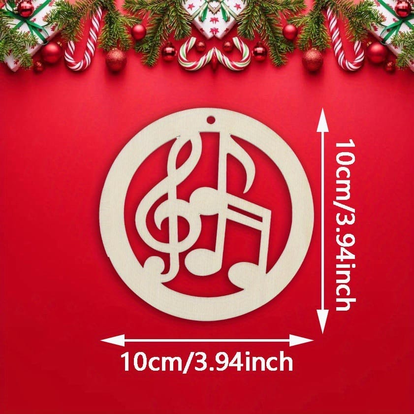 Wooden Christmas ornament with musical notes, 10cm diameter. Eco-friendly wooden craft.