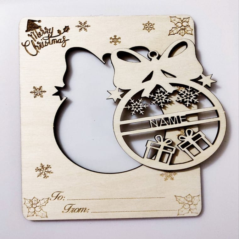 Eco-friendly wood craft Christmas mini greeting card featuring a cat-shaped cutout, snowflake ornament, and “Merry Christmas” text. Includes “To” and “From” fields at the bottom. Wholesale custom orders available.