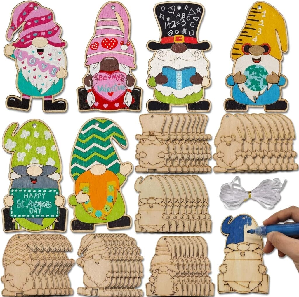 Assortment of painted and unpainted wood cut outs ornaments. Perfect for DIY crafts and home decor.