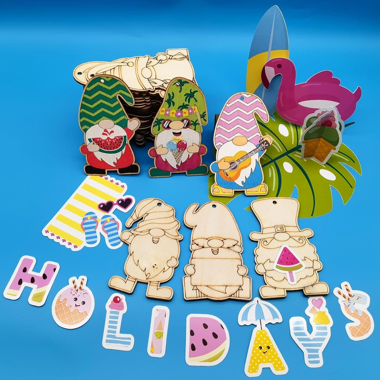 Summer-themed wooden gnome cutouts and party decorations. Perfect for crafting and home decor.