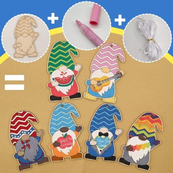 DIY gnome ornaments: paint-your-own wooden cutouts. Perfect for parties!